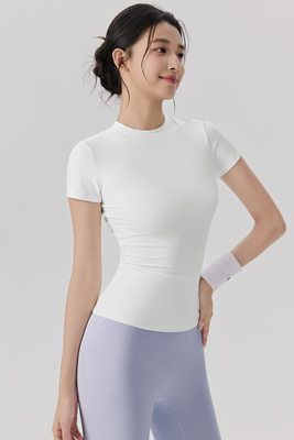 女性用 スリムフィット 短袖 運動Tシャツ 透気 速乾 アスリート トップ ヨガ フィットネス 白色