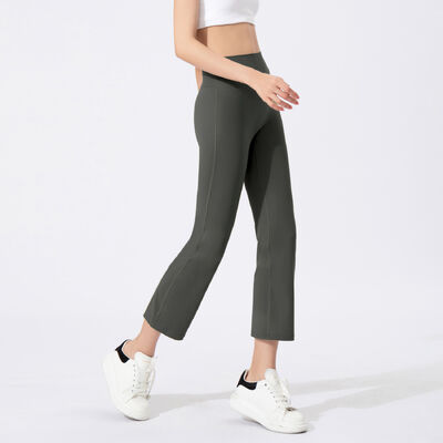 kupować Brązowe spodnie do jogi z wysokim stanem i rozszerzanymi nogawkami 7/8 długości, kontrola brzucha, do jogi i noszenia na co dzień online manufacture