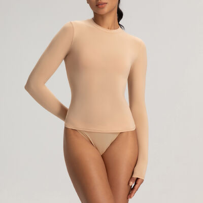 Buy Crew Neck Nude Sheer Mesh Long Sleeve Dance Top for Ballet Gymnastics online manufacture