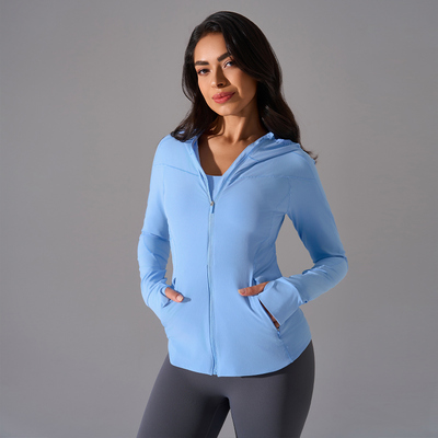 kaufen Damen-Sportjacke mit durchgehendem Reißverschluss und Kapuze, weichem Stretch-Stoff, hellgelb mit Taschen online manufacture