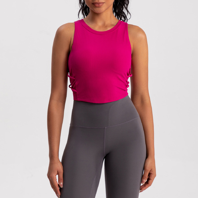 Beli Tank Top Yoga Crop Berusuk Rajut Samping Wanita dengan Tali Samping Bernapas Fuchsia online manufacture