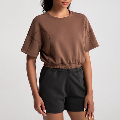 Buy Women'S Brown Short Sleeve Crop Workout T Shirt Elastic Waist For Yoga Gym online manufacture