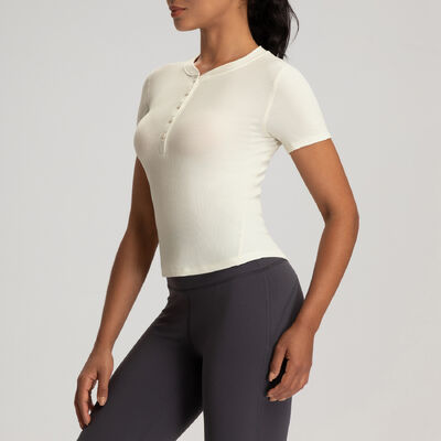 Beli Atasan Henley Lengan Pendek Rajutan Berusuk Wanita Cokelat Slim Fit Crop untuk Yoga online manufacture
