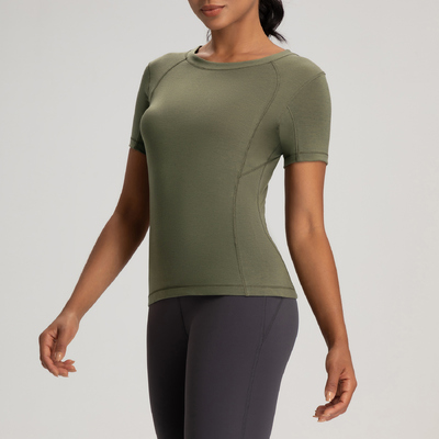 kaufen Kurzärmliges Damen-Sportoberteil Yoga-Activewear Slim Fit Feuchtigkeitstransport Olivgrün online manufacture