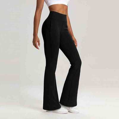 comprare Pantaloni lunghi da yoga a zampa a vita alta grigio scuro in morbido tessuto elasticizzato con controllo della pancia online manufacture