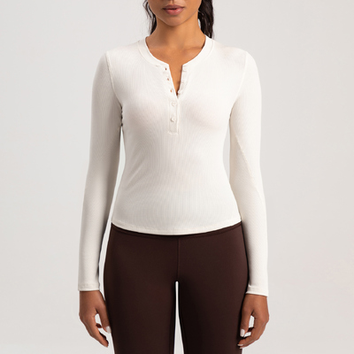 acheter Haut Henley à manches longues côtelé pour femme - Rose poussiéreux, Coupe ajustée, Tissu extensible et doux pour le yoga, la gym et les tenues décontractées, Encolure boutonnée online manufacture