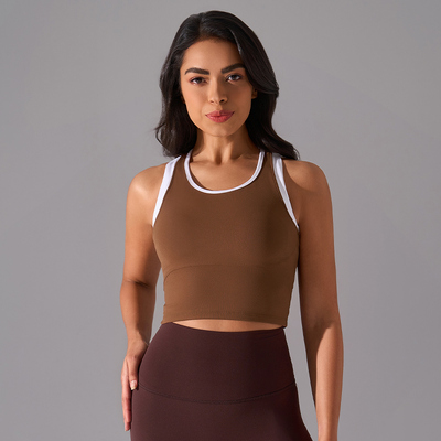 satın al Beyaz Şeritli Yüksek Destekli Kahverengi Yarışçı Sırtı Spor Sütyeni, Nem Emici online manufacture