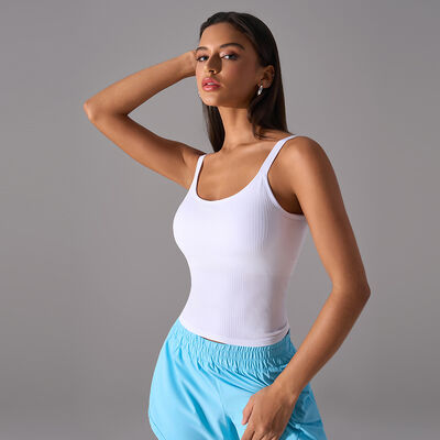 kaufen Damen Weiß Geripptes Nahtloses Tank Top Slim Fit Feuchtigkeitsableitend Ärmellos online manufacture