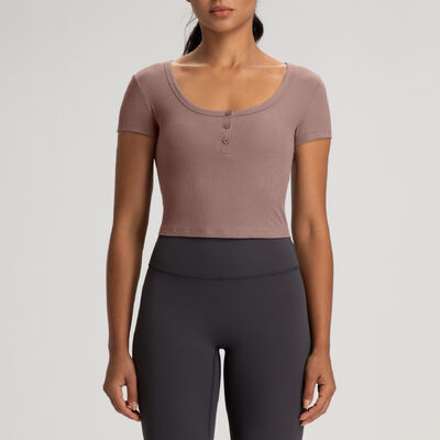 Buy Yoga Ribbed Knit Cropped Short Sleeve Henley Top Mauve Slim Fit for Women online manufacture