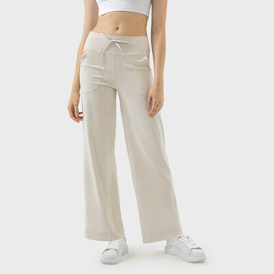Buy High Waisted Beige Satin Wide Leg Yoga Pants with Pockets Breathable Stretchable online manufacture