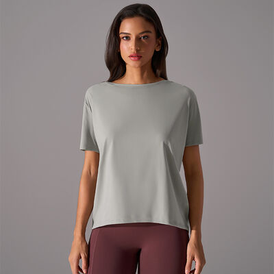 購入 ルーズフィット半袖ワークアウトトップ ライトセージ ソフトストレッチ生地 通気性 速乾 online manufacture