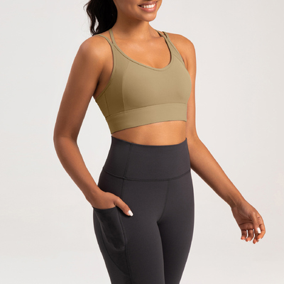 satın al Yüksek Destekli Naylon Spandex Yoga Spor Sütyeni Yüksek Belli Cep Tayt Zeytin Kömürü online manufacture