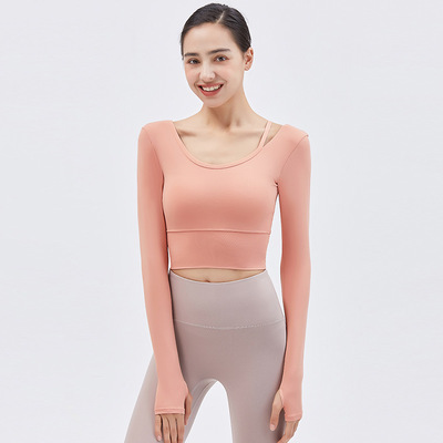 satın al Kadınlar için Fitilli Dikişsiz Uzun Kollu Crop Top, Şeftali Pembesi - Dahili Sütyenli, Tereyağ Yumuşaklığında Yoga ve Egzersiz Tişörtü online manufacture