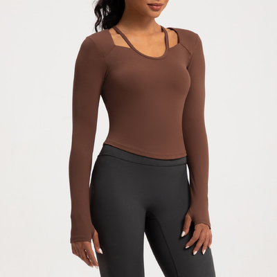 Beli Atasan Yoga Lengan Panjang Brown Cutout, Kain Kompresi Lembut Seperti Mentega, Desain Lubang Jempol untuk Olahraga, Lari, dan Pemakaian Sehari-hari online manufacture