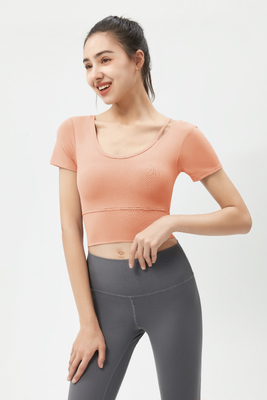 Beli Top lengan pendek wanita yang dipotong dengan Bra Buttery Soft Nylon Spandex Dusty Pink untuk Gym Workout dan Pilates online manufacture