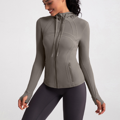 buy Hooded Full Zip Yoga Jacket for Women, Quick Dry Buttery Soft Slim Fit Athletic Workout Running Jacket in Grey online manufacture