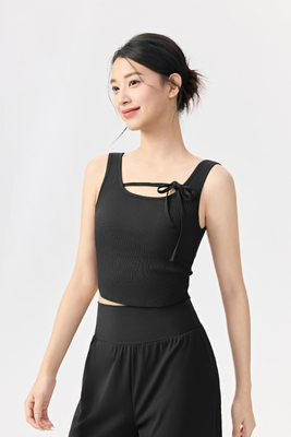 comprare Top da yoga a maglia nera con reggiseno incorporato e arco decorativo per allenamento e abbigliamento casual online manufacture