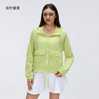 kopen Vrouwen lichtgeel lichtgewicht hoed full zip windbreaker jas met zakken voor buiten casual wear online manufacture