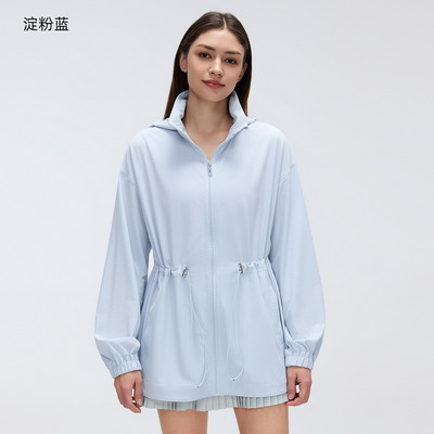 comprare Giacca con cappuccio e coulisse in vita blu chiaro con zip intera per uso esterno e casual online manufacture