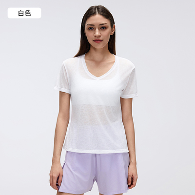 Buy White Sheer V Neck Short Sleeve Workout Tee for Yoga and Casual Layering online manufacture